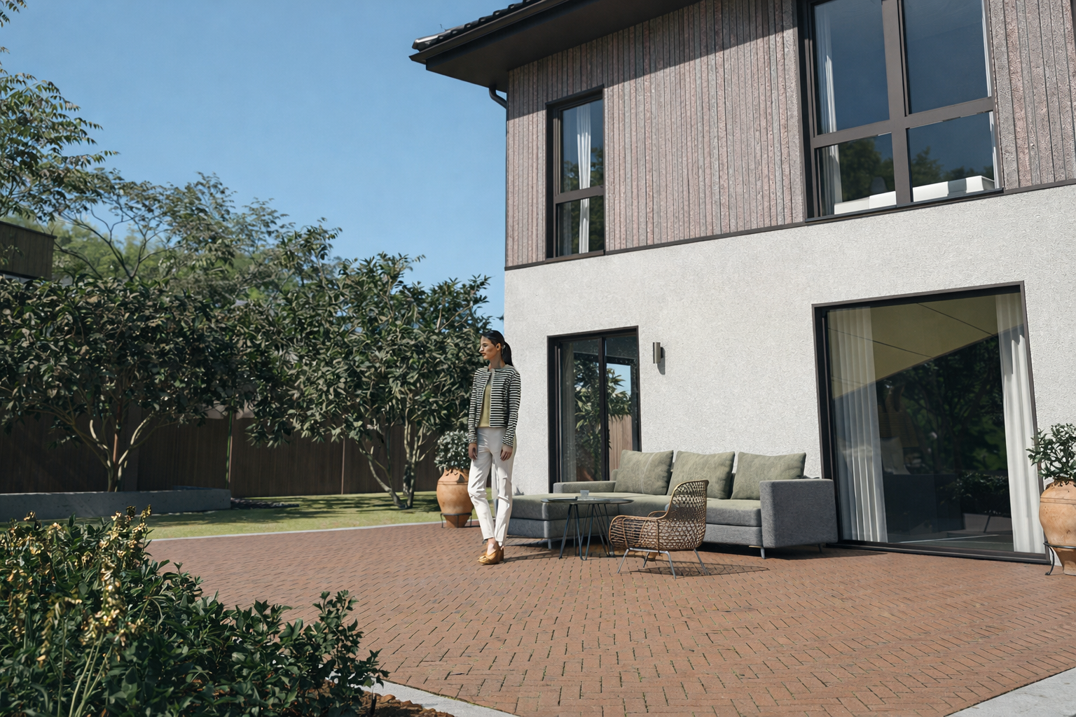 Terrasse eines Reihenendhauses ohne Beschattung